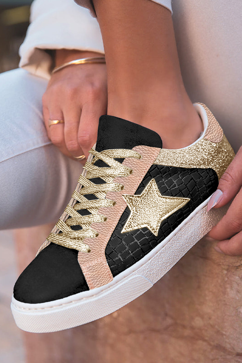 Rose Gold Glitter Star Patchwork PU Leather Lace-up Sneakers 🇺🇸