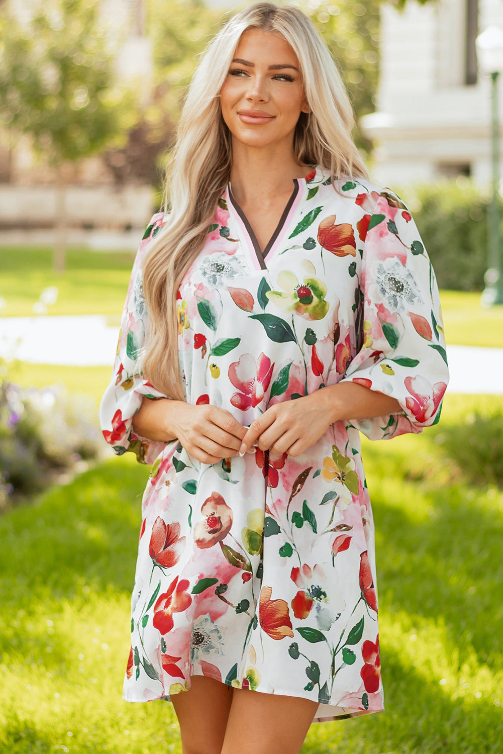 Red Floral Contrast Striped V Neck Puff Half Sleeve Shift Dress 🇺🇸
