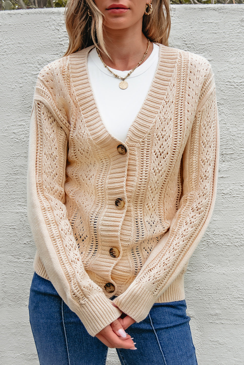 Beige Open Knit Drop Shoulder Sweater Cardigan 🇨🇳