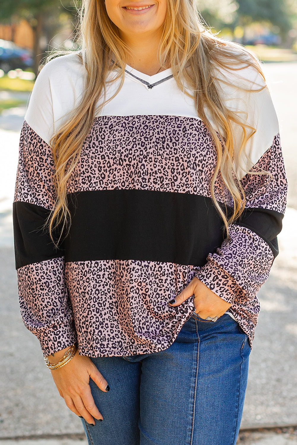 Black Leopard Print Colorblock V Neck Long Sleeve Plus Size Top 🇺🇸