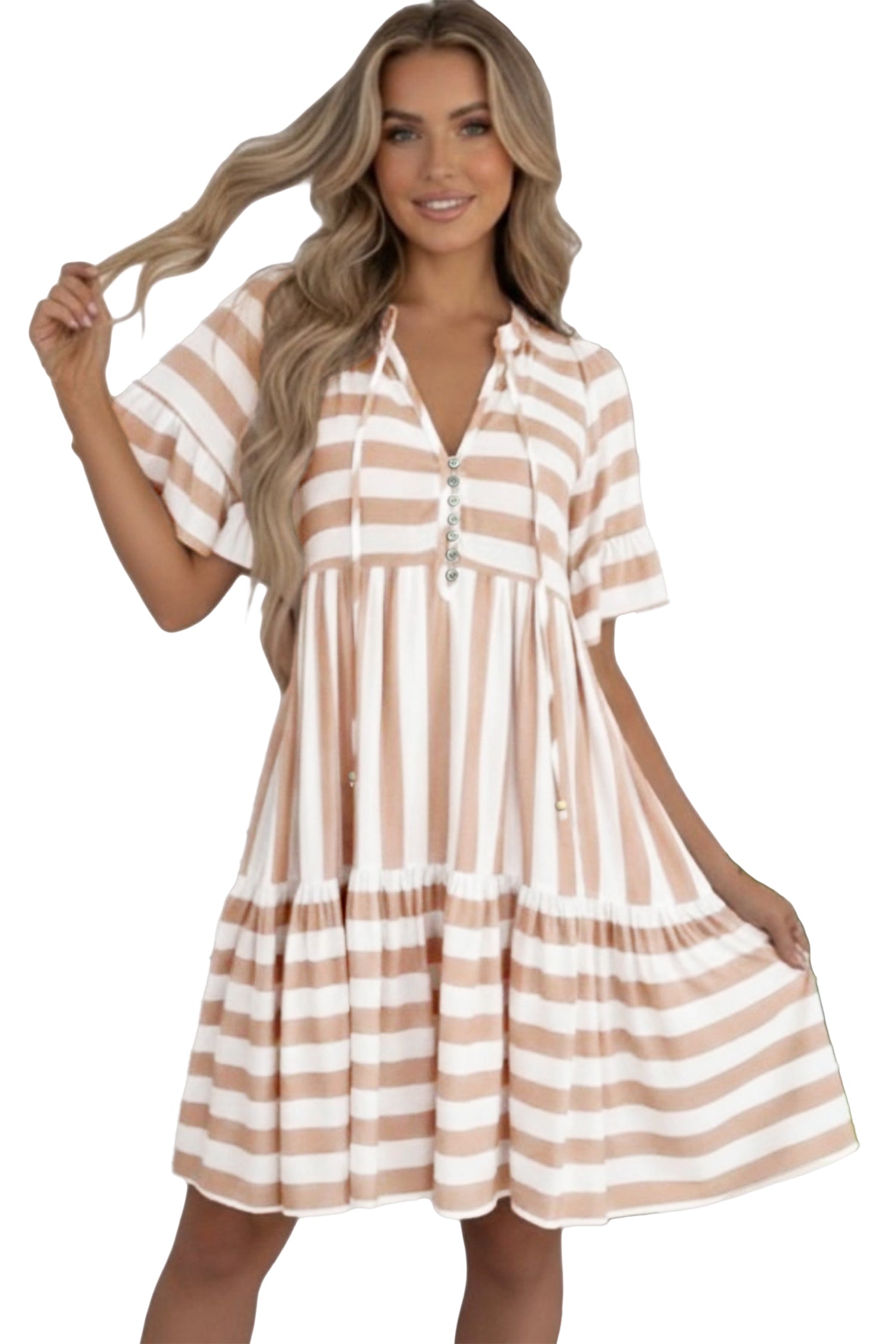 Khaki Stripe Tie V Neck Ruffle Trim Short Sleeve Flared Summer Dress 🇺🇸