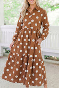 Brown Polka Dot Button Front Long Sleeve Shift Dress 🇺🇸
