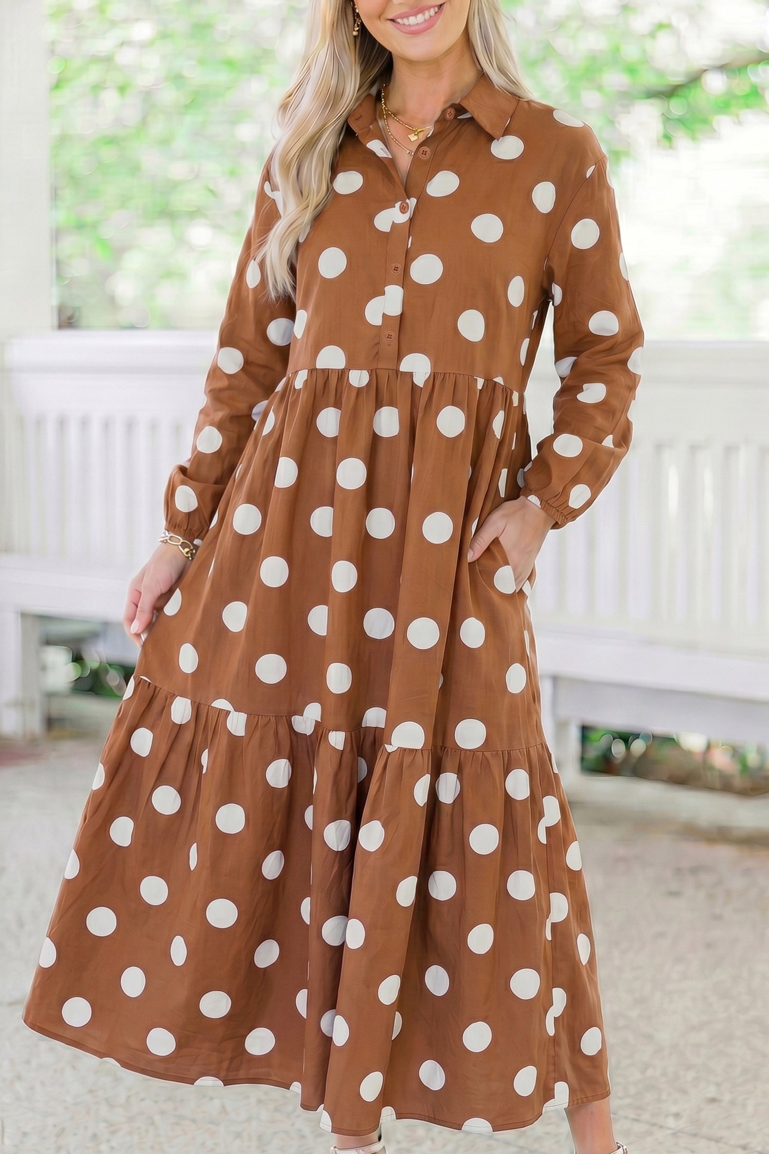 Brown Polka Dot Button Front Long Sleeve Shift Dress 🇺🇸