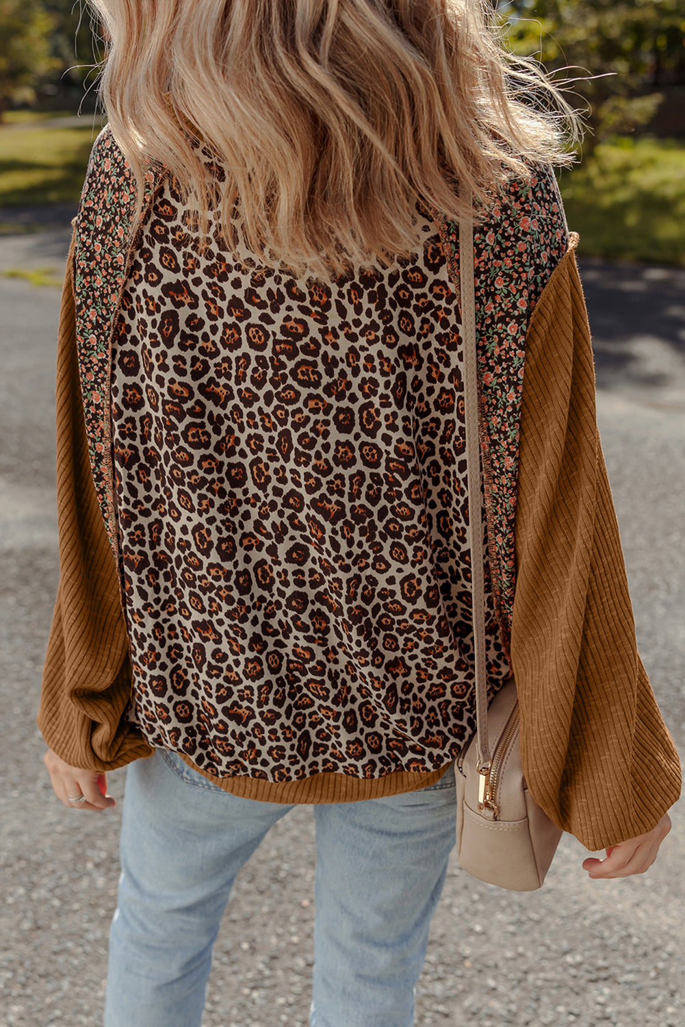 Brown Leopard Floral Print Ribbed Puff Sleeve Patchwork Loose Pullover 🇺🇸