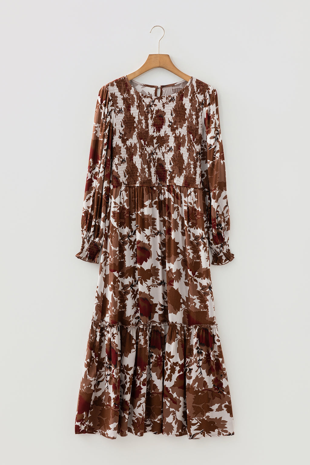 Chestnut Floral Puff Sleeve Smocked Bodice Ruffled Long Dress 🇺🇸