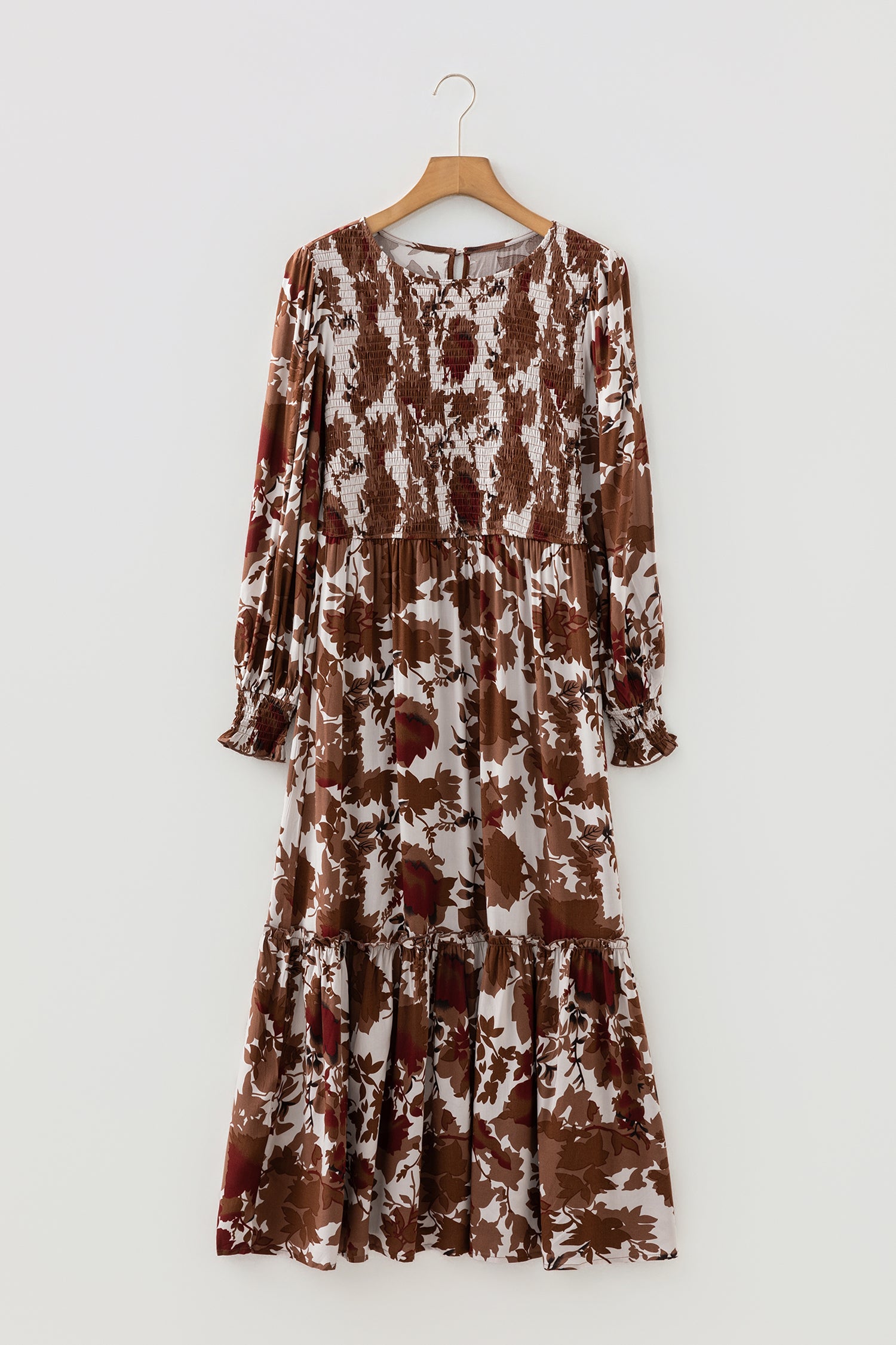 Chestnut Floral Puff Sleeve Smocked Bodice Ruffled Long Dress 🇺🇸