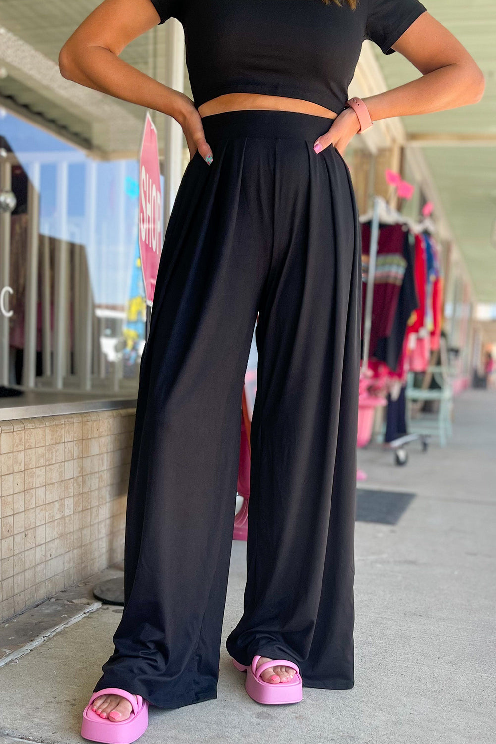 Black Slim Fit Crop Top and Pleated Wide Leg Pants Set 🇨🇳
