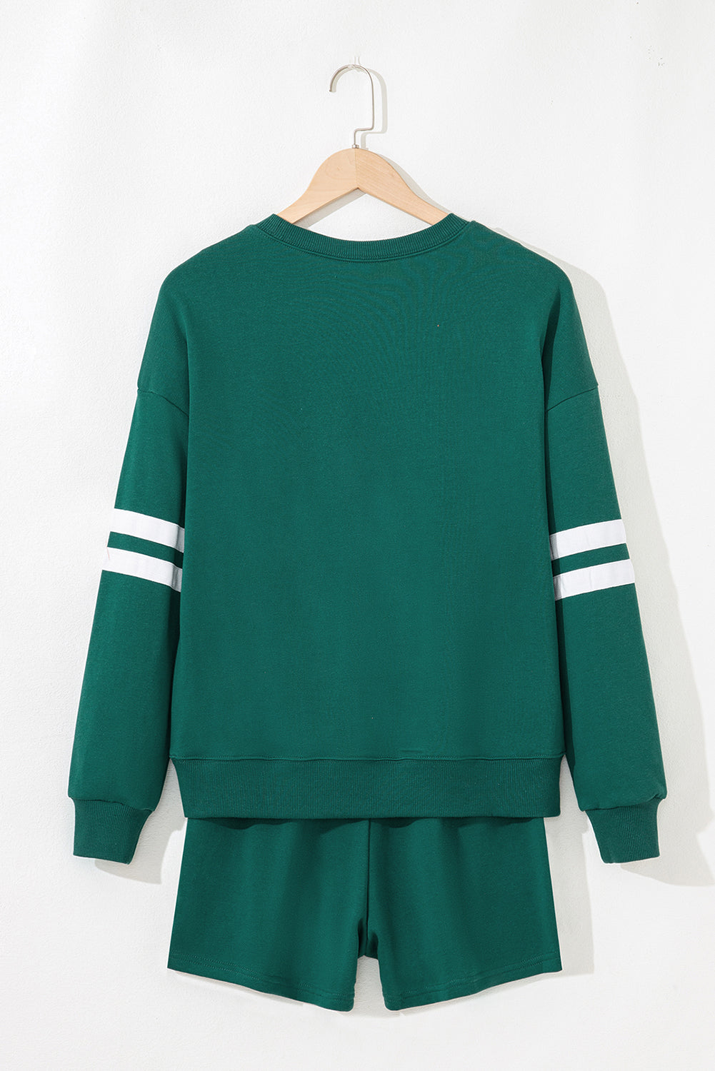 Evergreen Varsity Striped Sleeve Drop Shoulder Sweatshirt and Short Set 🇺🇲