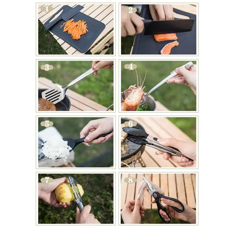 Camping Kitchen 8pcs Outdoor Cookware Kit Stainless Steel Tool Travel Set And Utensil Organizer Storage bag 🇨🇳