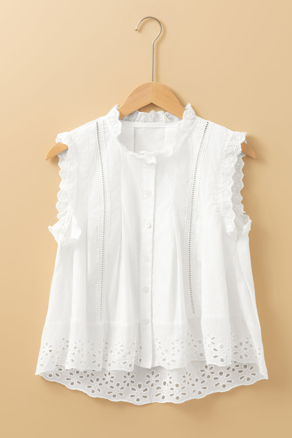 White Solid Color Lace Crochet Eyelets Sleeveless Buttoned Shirt 🇺🇲