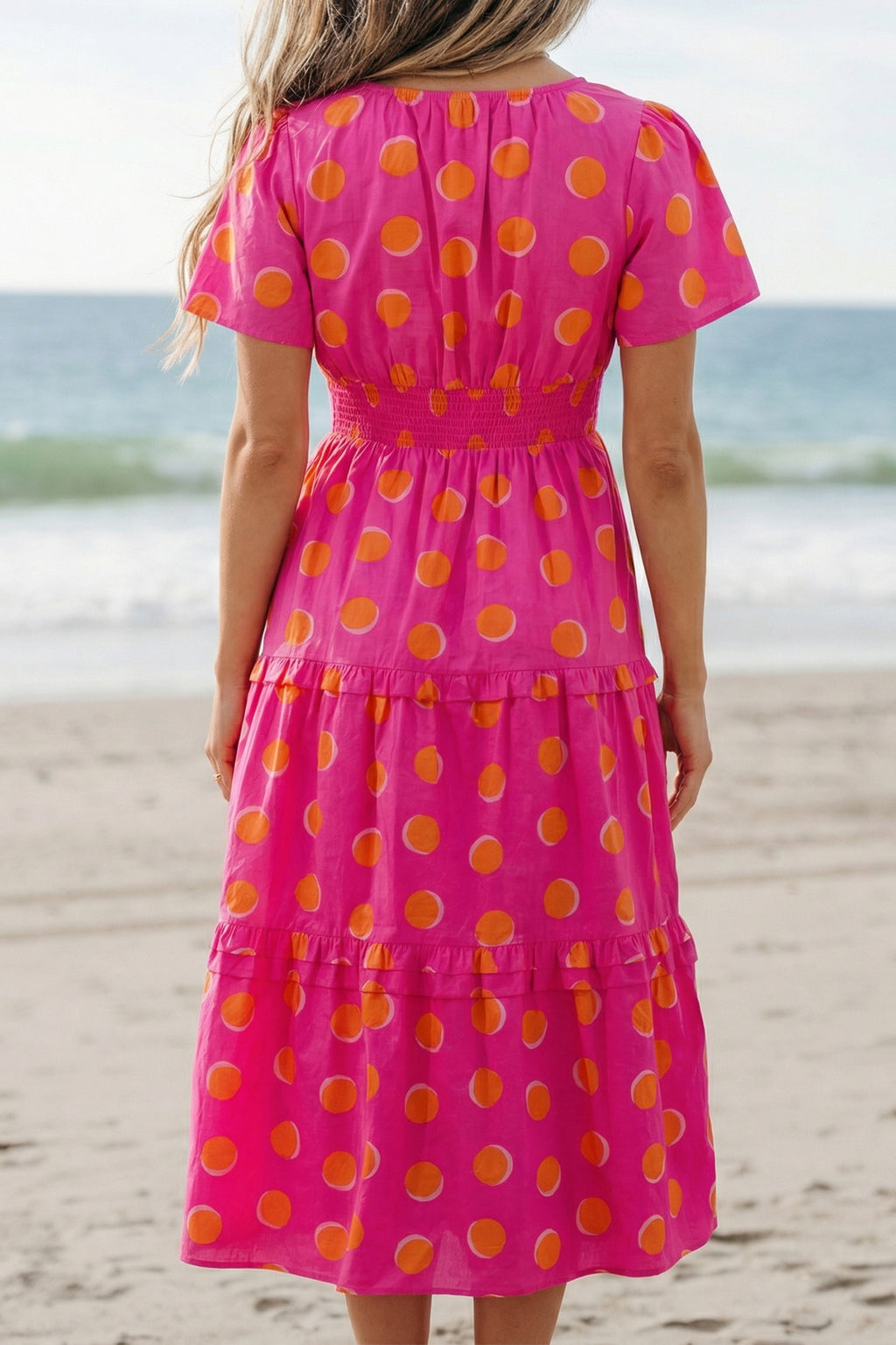 Rose Double Polka Dot Short Sleeve Shirred High Waist Midi Dress 🇺🇸