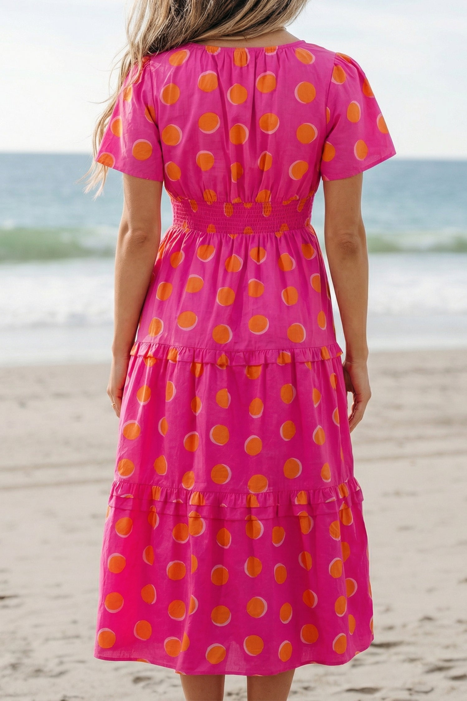 Rose Double Polka Dot Short Sleeve Shirred High Waist Midi Dress 🇺🇸