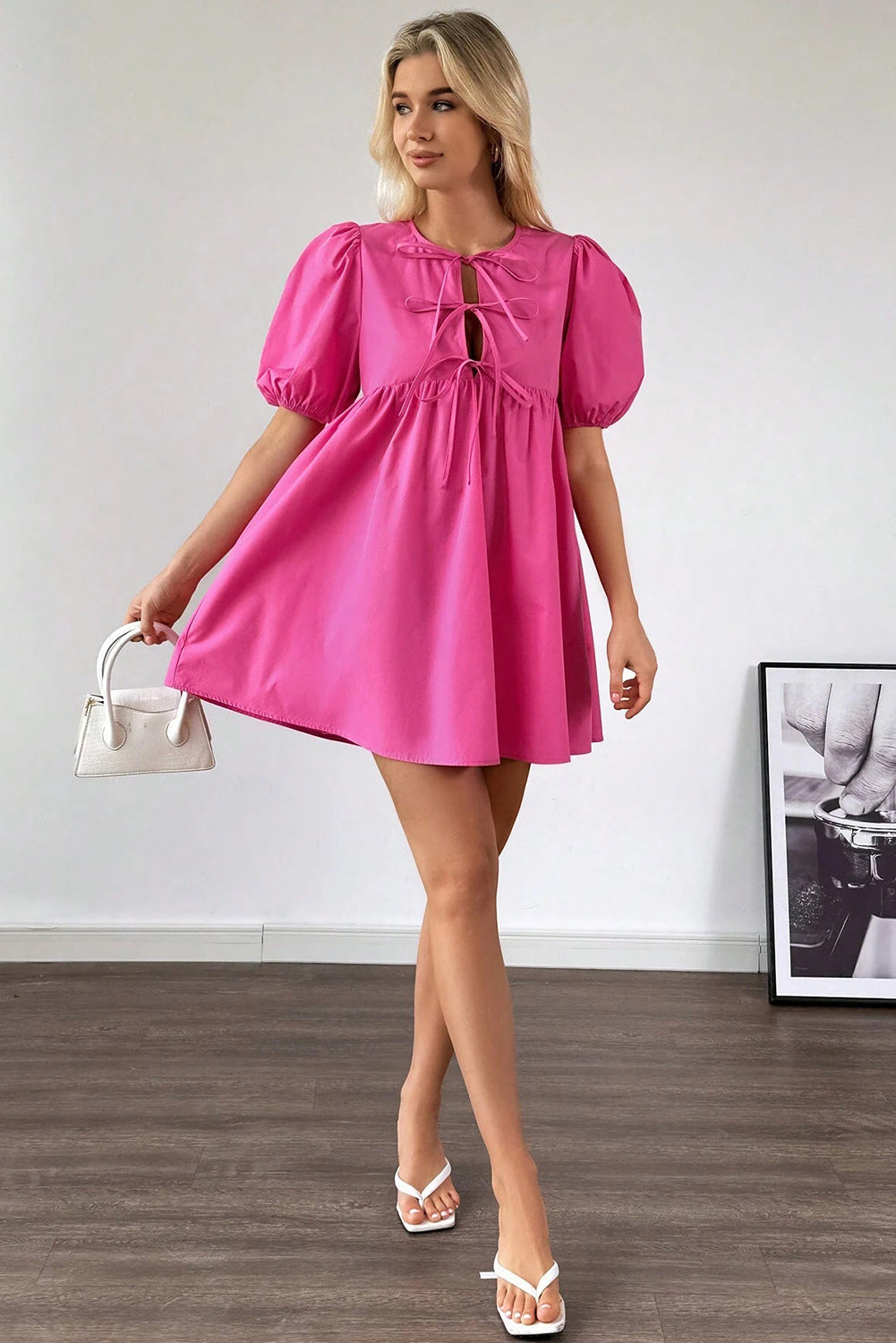 Bright Pink Solid Color Puff Sleeve Tie Front High Waist Mini Dress 🇺🇸