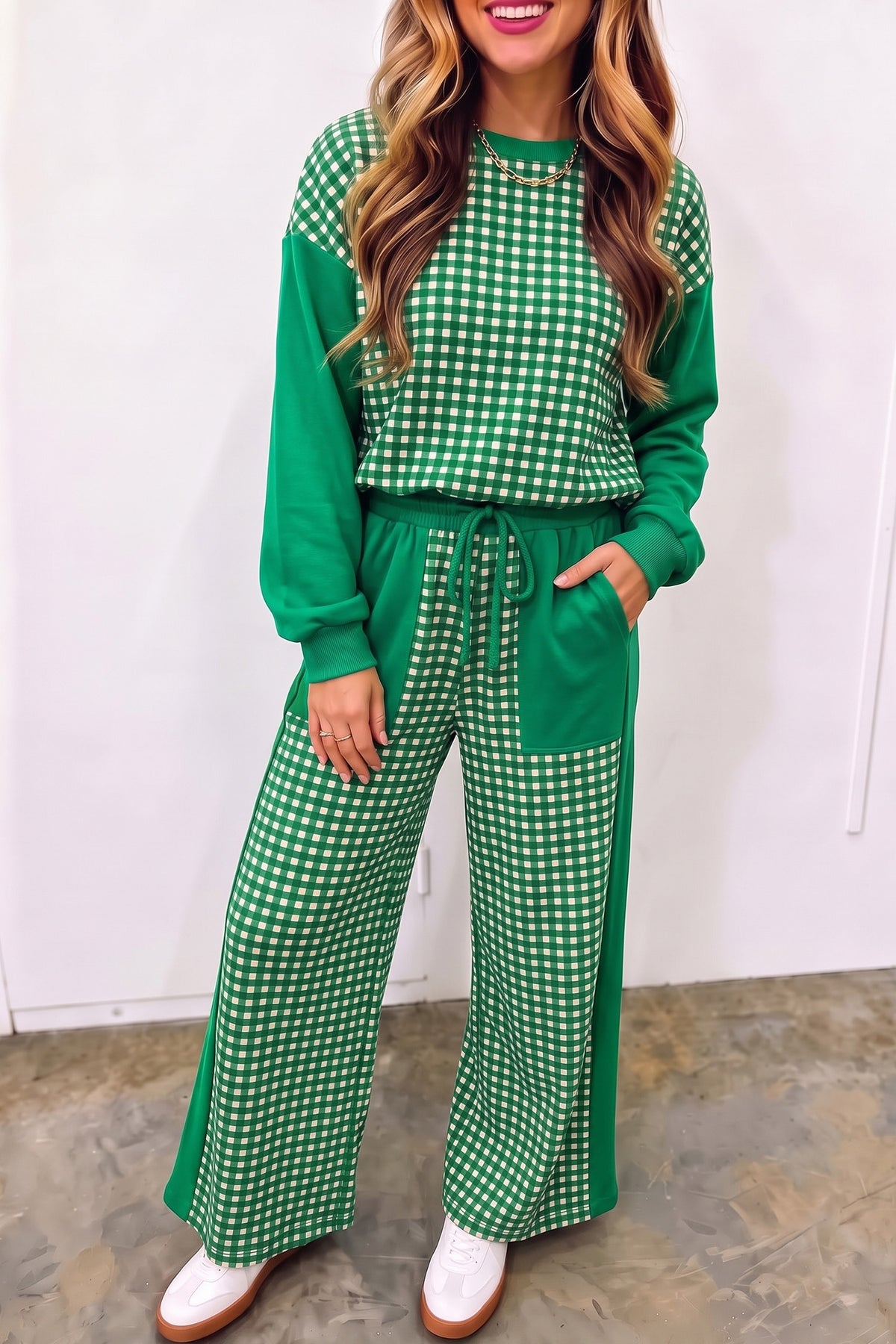 Khaki Color Block Plaid Patchwork Long Sleeve Pullover Wide Leg Pant Set 🇺🇸