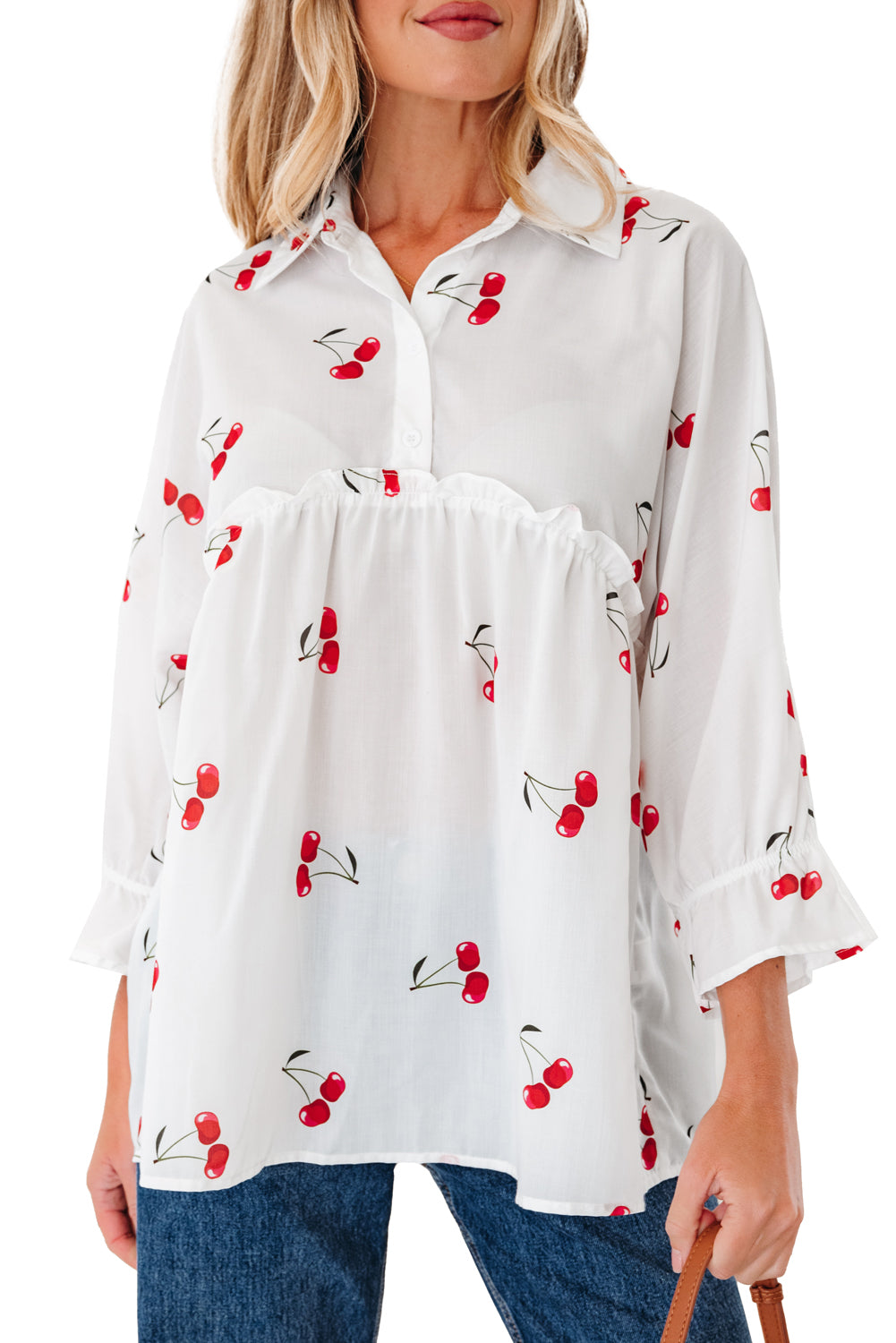 White Cherry Print Flounce Sleeve Collared Frilled Babydoll Blouse 🇺🇸