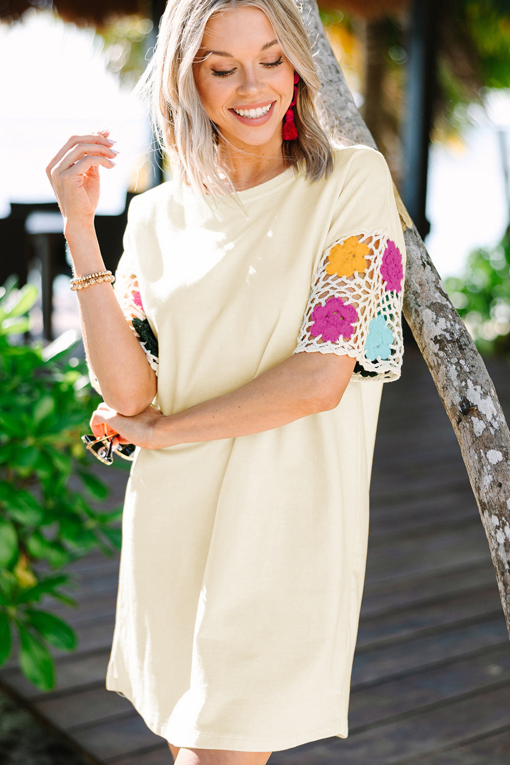 White Floral Crochet Splicing Sleeve T Shirt Dress 🇺🇸