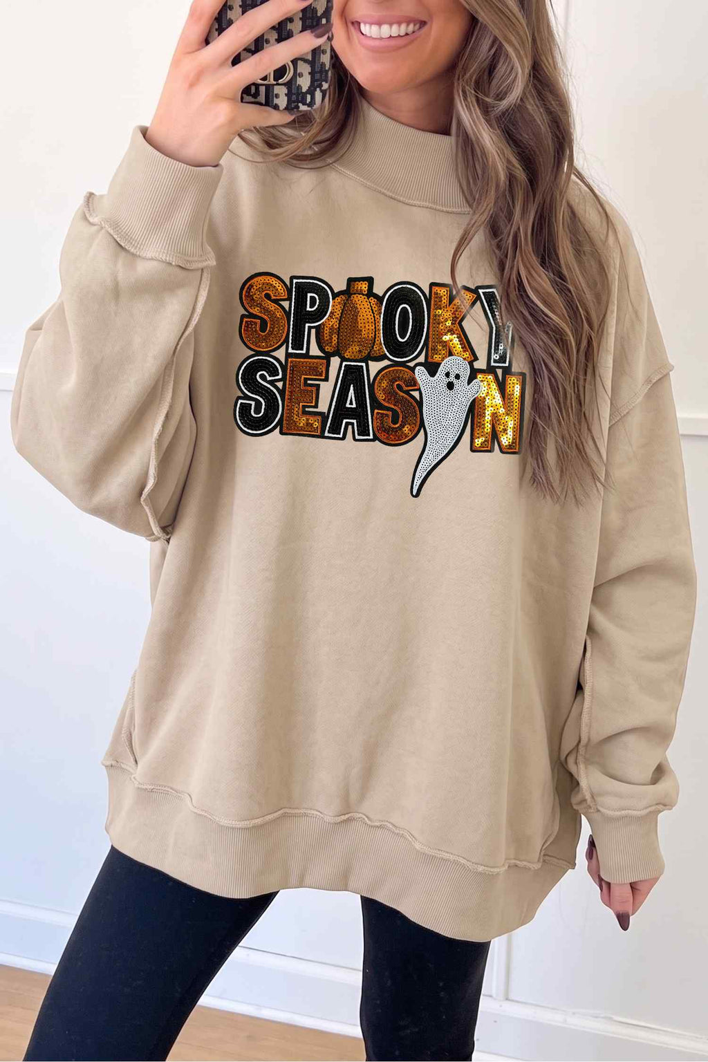 Apricot Sequin Spooky Season Graphic Mock Neck Halloween Sweatshirt 🇺🇸
