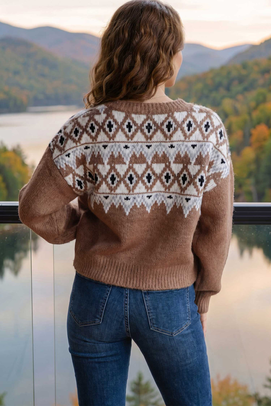 Khaki Geometric Print Drop Shoulder Casual Pullover Sweater 🇺🇸