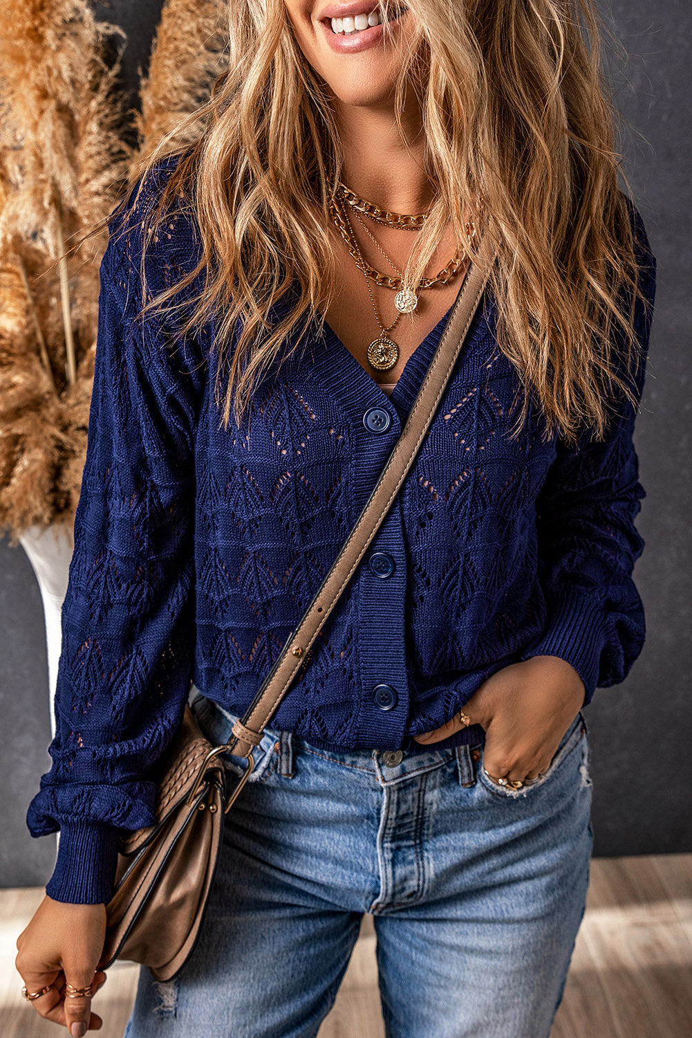 Blue Lightweight Buttoned Front Crochet Cardigan 🇨🇳