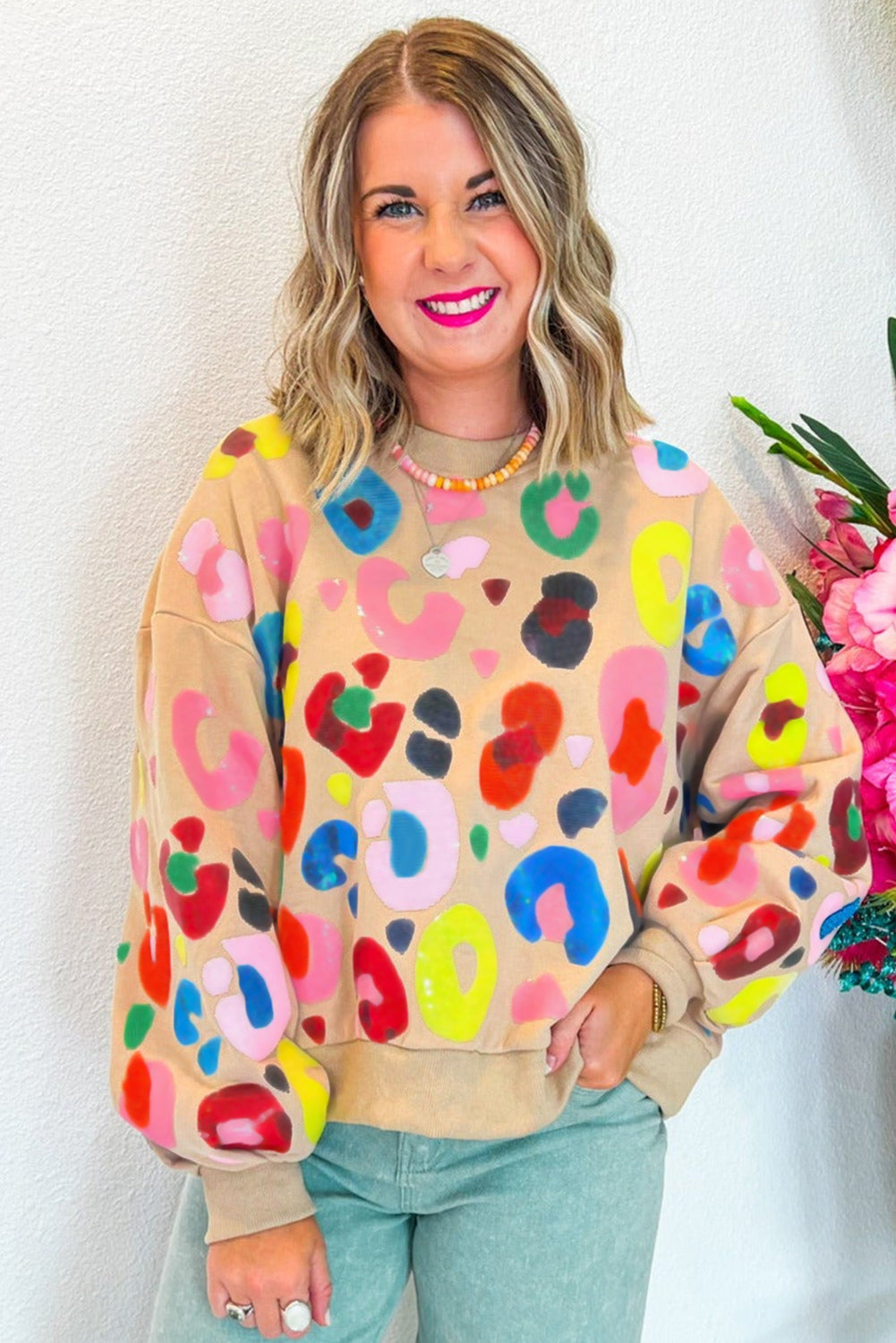 Khaki Multicolor Leopard Printed Drop Shoulder Pullover Sweatshirt 🇺🇸