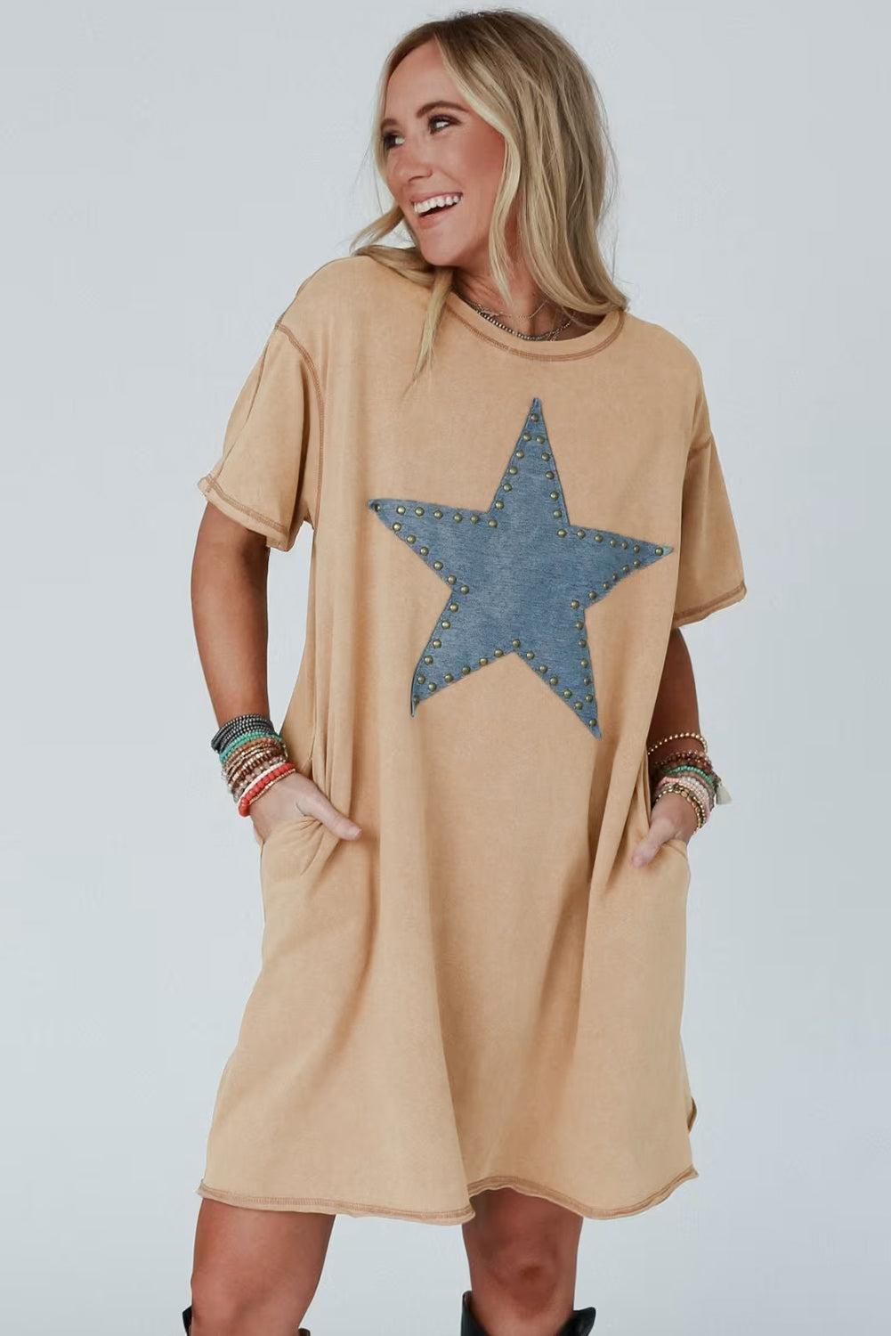 Pale Khaki Mineral Wash Stud Beaded Star Graphic Pocketed T Shirt Dress 🇨🇳