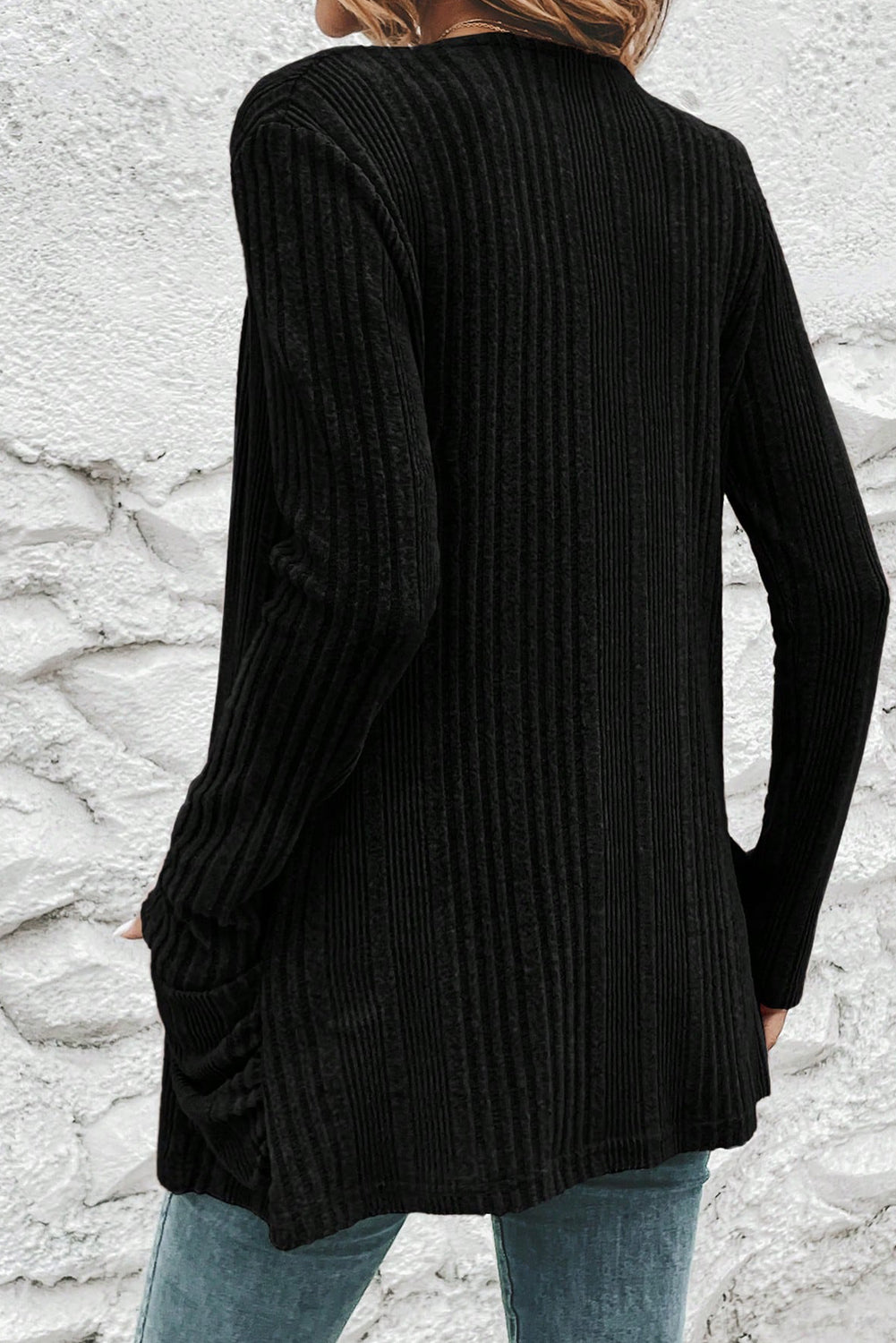 Black Ribbed Open Front Knitted Top with Pockets 🇺🇸