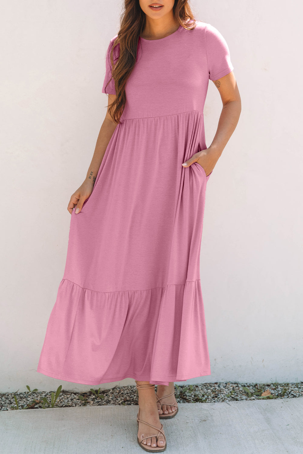 Pink Solid Color T-shirt High Waist Pocketed Long Dress 🇨🇳