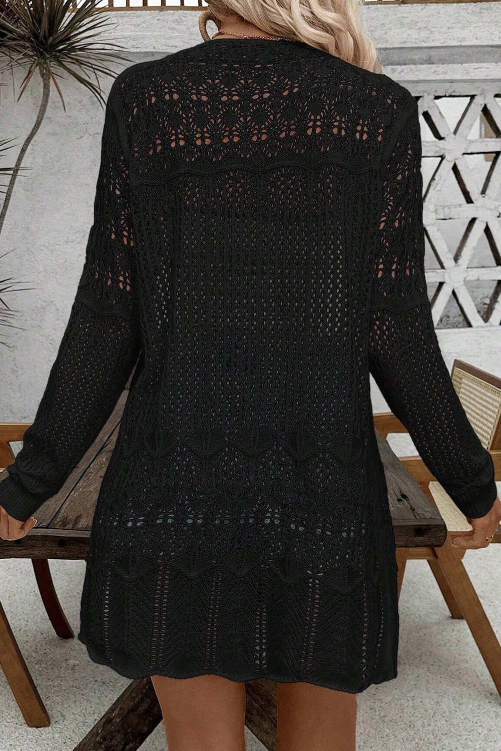 Black Crochet Hollow Out Open Front Cardigan 🇨🇳