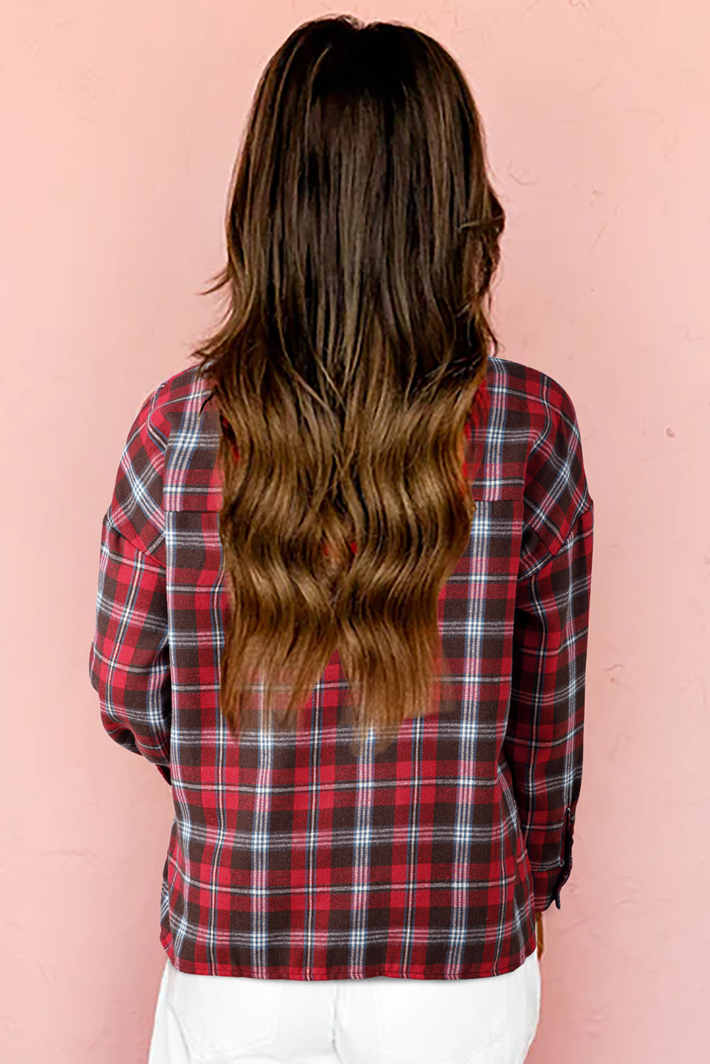 Red Plaid Print Collared V Neck Loose Blouse with Side Slits 🇺🇸