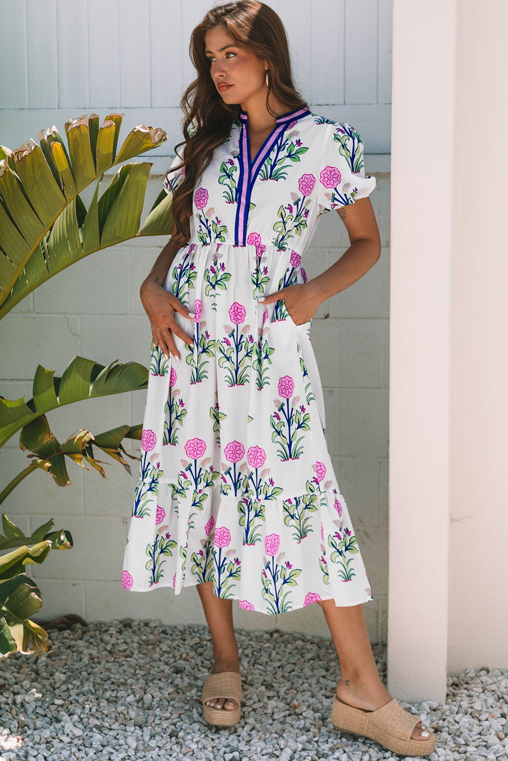 White Floral Puff Short Sleeve V Neck High Waist Maxi Dress 🇨🇳