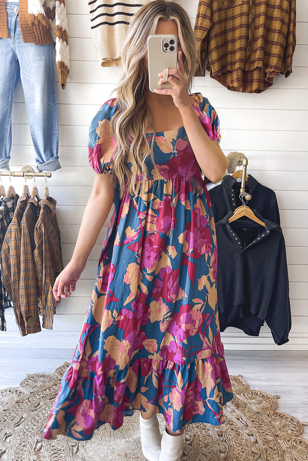 Dark Blue Square Neck Bubble Sleeve Ruffled Floral Dress 🇺🇸