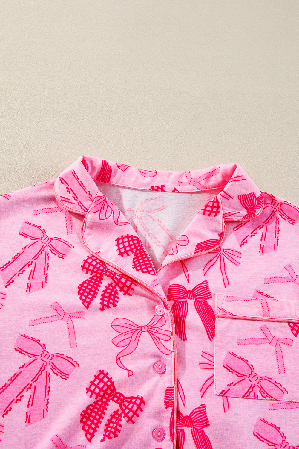 Pink Bow Knot Print Lapel Collar Short Sleeve and Pants Pajamas Set 🇺🇸