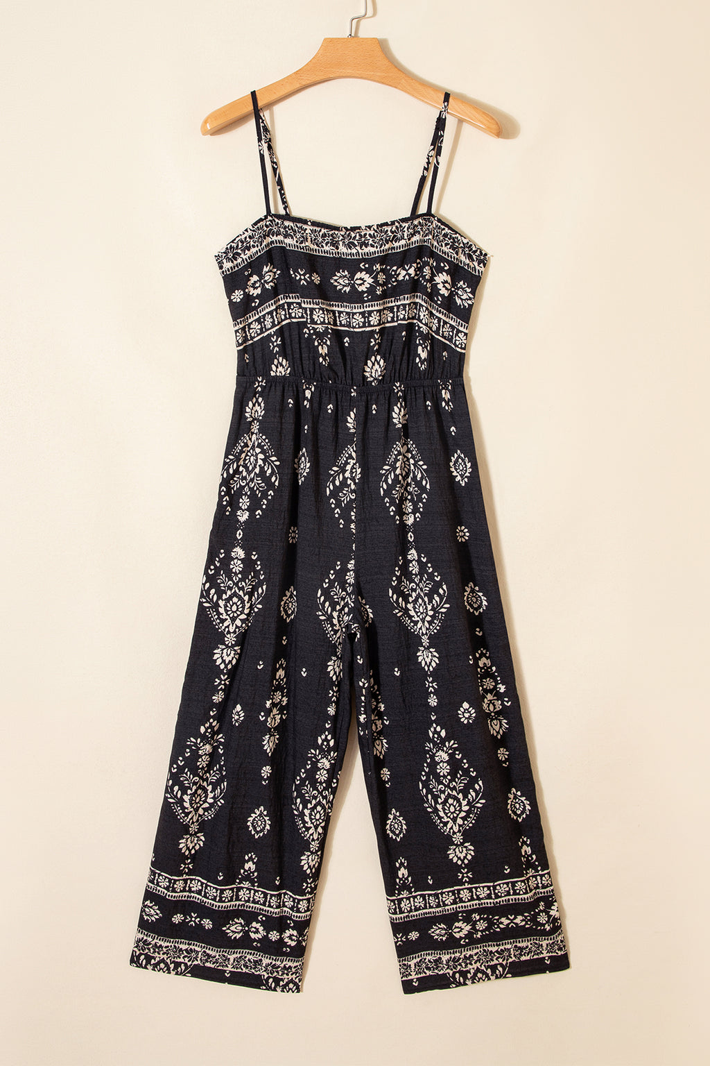 Black Spaghetti Straps Elastic Waist Loose Ethnic Print Jumpsuit 🇺🇸