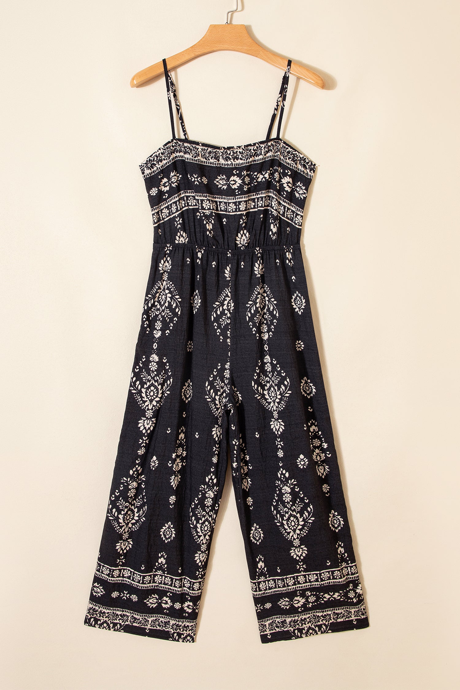 Black Spaghetti Straps Elastic Waist Loose Ethnic Print Jumpsuit 🇺🇸