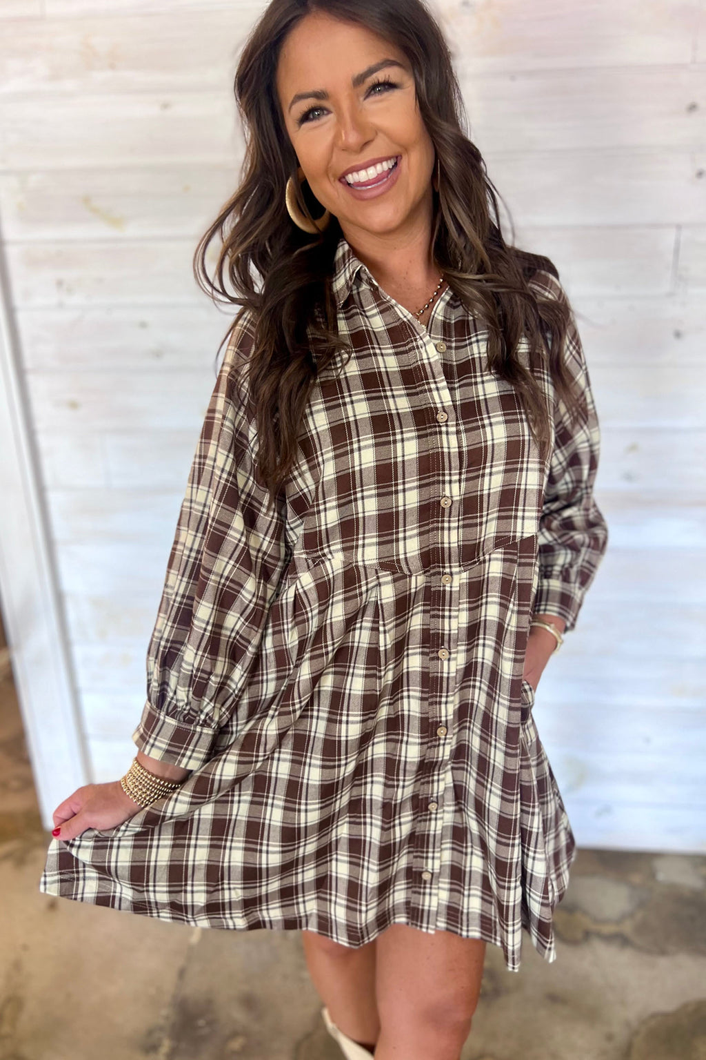 Brown Plaid Long Sleeve Short Shift Mini Dress 🇺🇸
