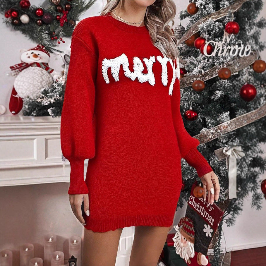 Christmas Knitted Round Neck Sleeve Pullover Bodycon Dress 🇨🇳
