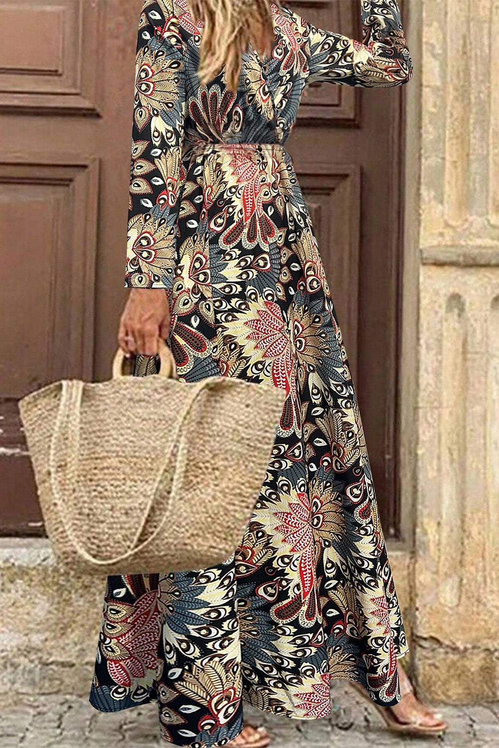 Black Floral Print V Neck Wrap High Waist Maxi Dress 🇨🇳