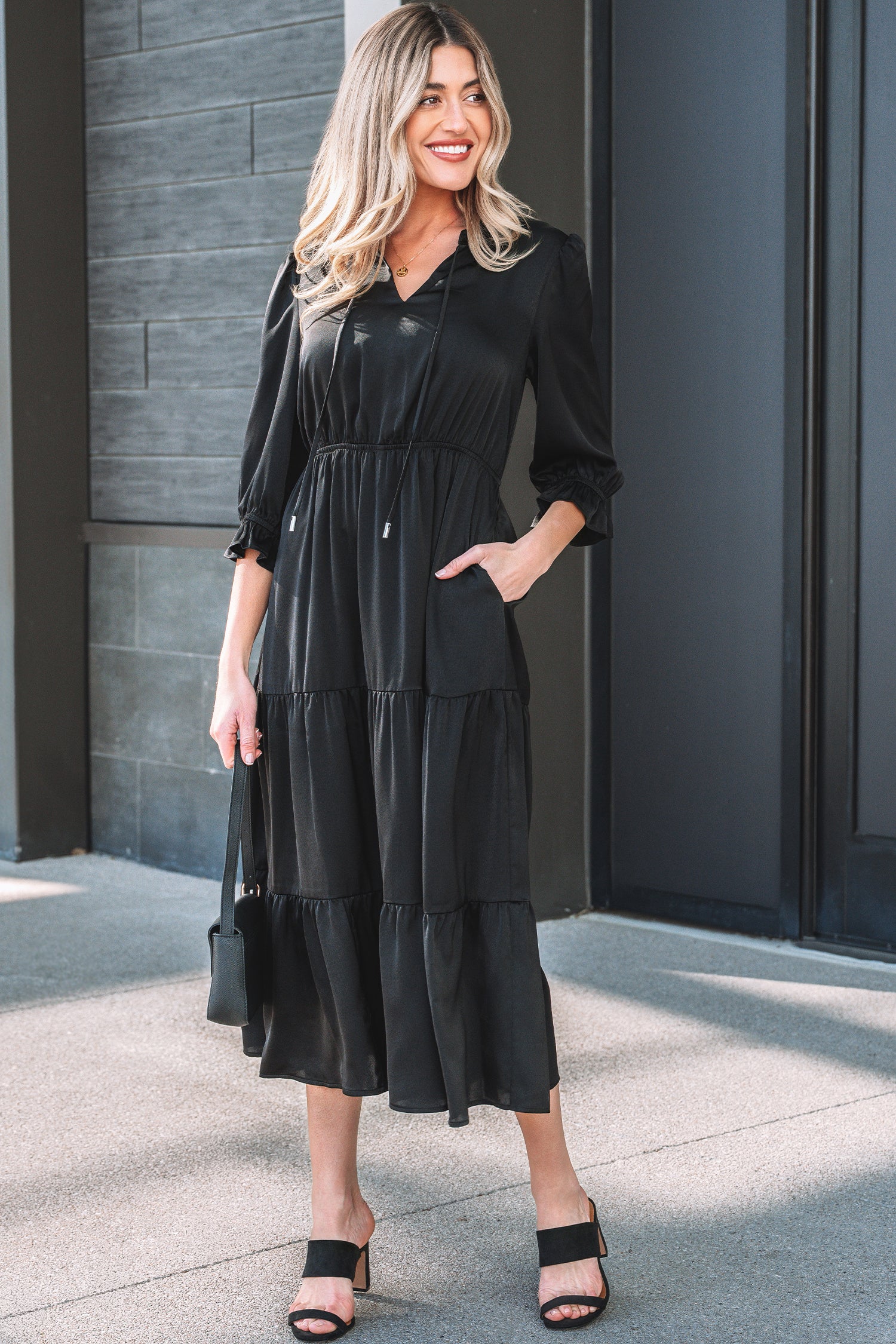 Black Flounced Bracelet Sleeve V Neck Tiered Maxi Dress 🇺🇸