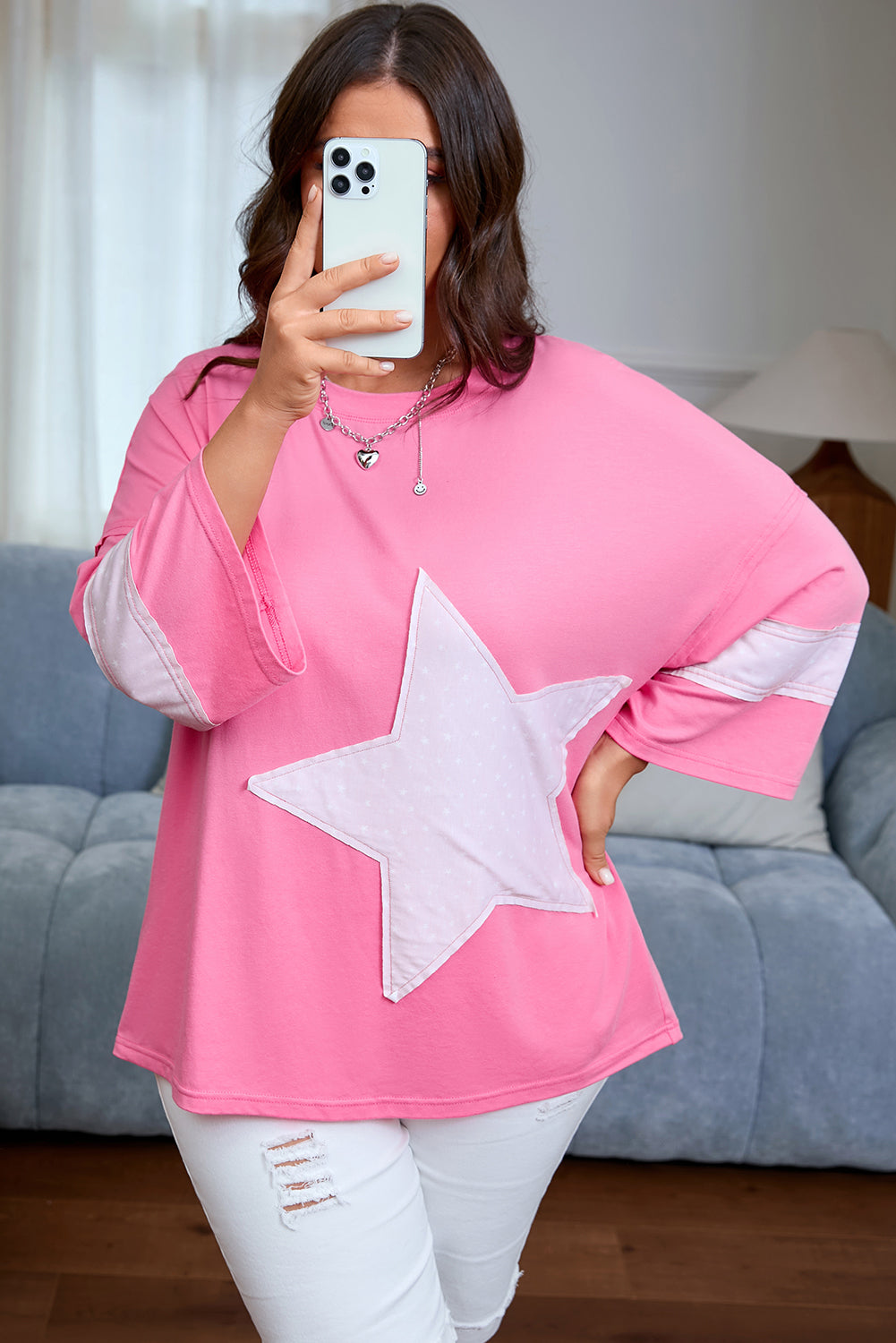 Pink Star Patched Colorblock Raw Edge Bracelet Sleeve Plus Size Loose Tee 🇺🇸