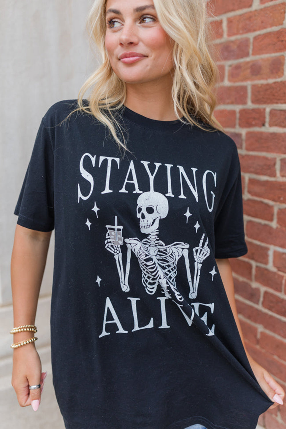 Black STAYING ALIVE Funny Skeleton Print Round Neck T Shirt 🇺🇸