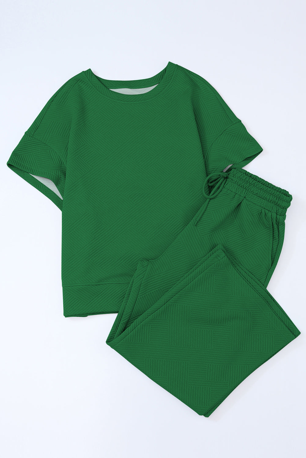 Dark Green Textured Loose Fit T Shirt and Drawstring Pants Set 🇨🇳