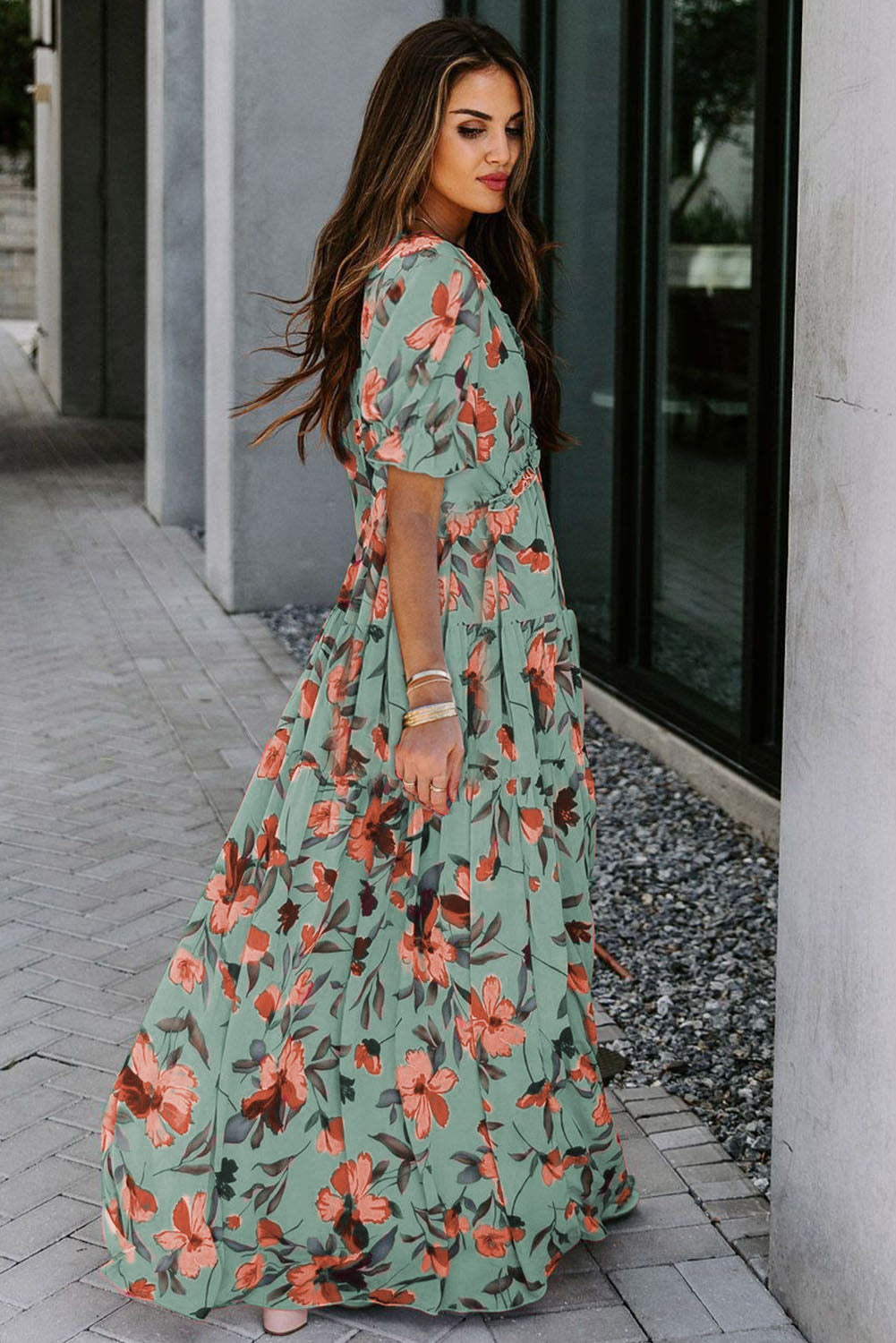 Green Fiery Floral Print Frilled V Neck Short Sleeve Maxi Dress 🇺🇸