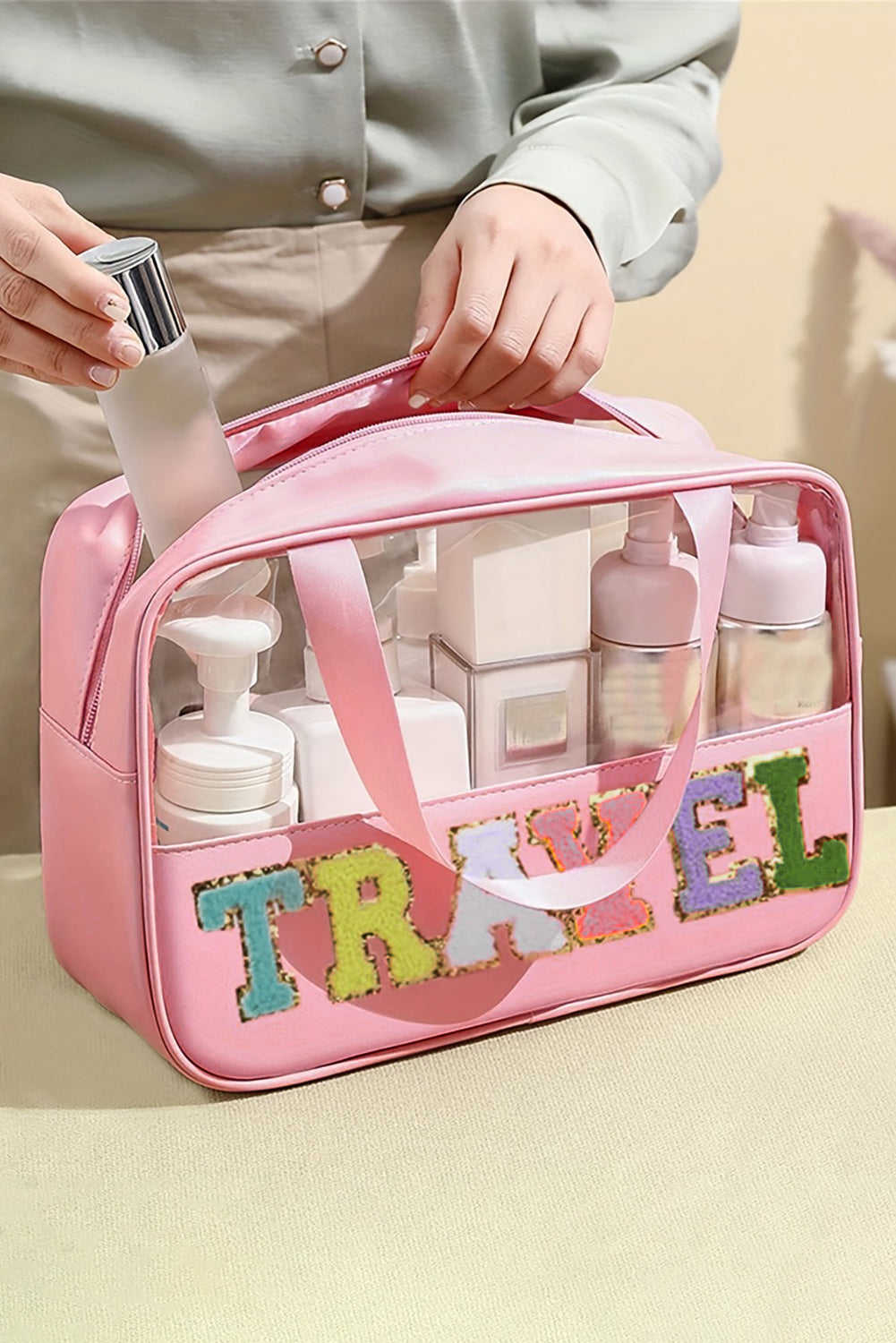 Light Pink TRAVEL Chenille Letter Clear PVC Makeup Bag 🇺🇲