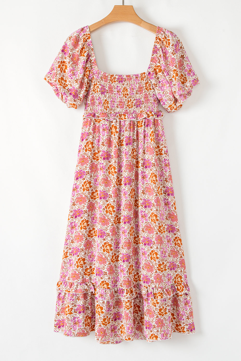 Pink Floral Square Neck Knotted Ruffle Midi Dress 🇨🇳