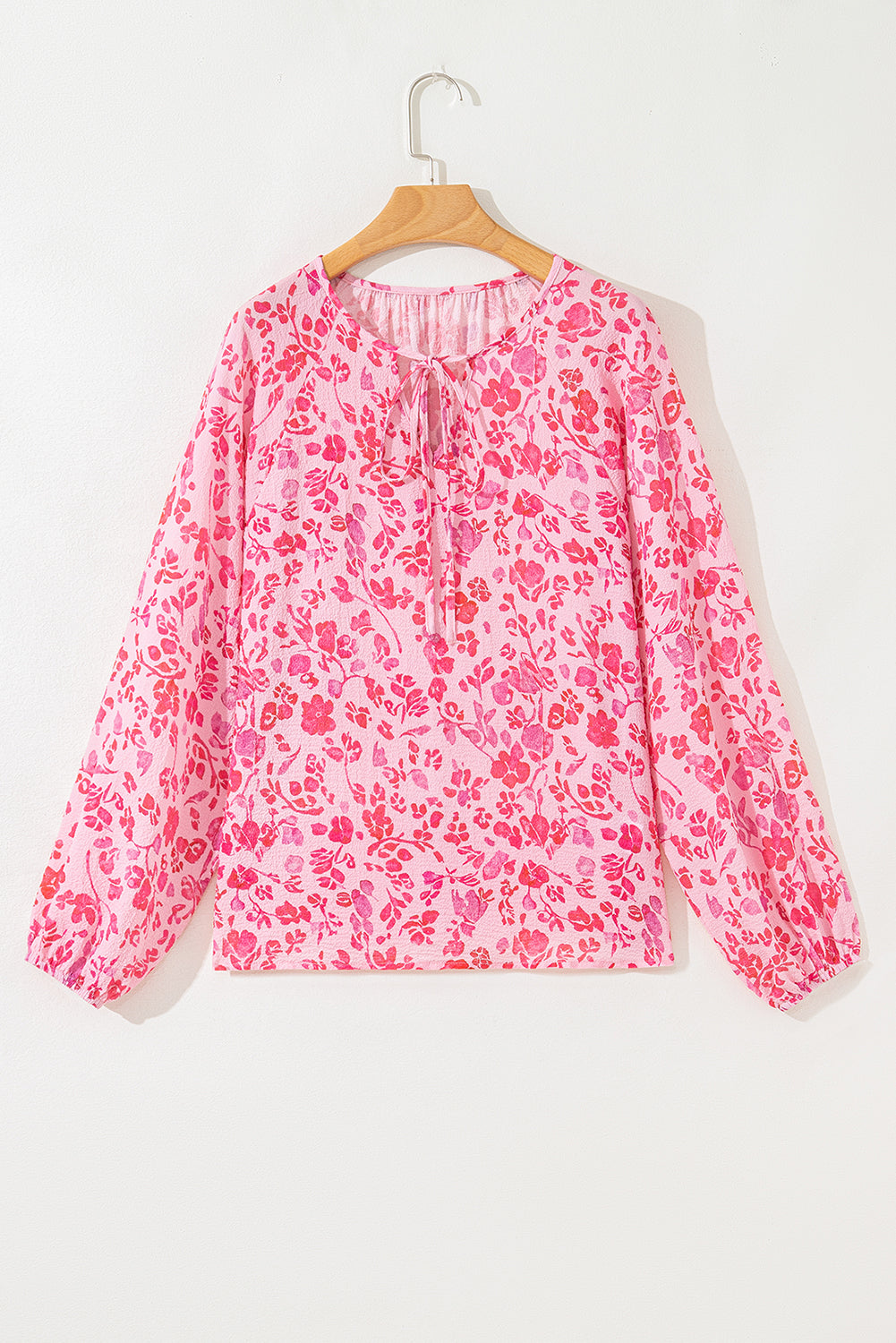 Pink Floral Puff Sleeve Split Neck Lightweight Blouse 🇺🇸