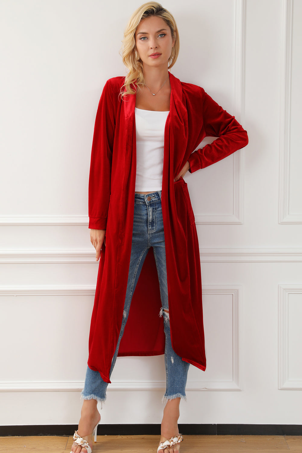 Fiery Red Velvet Open Front Pocketed Long Duster 🇨🇳