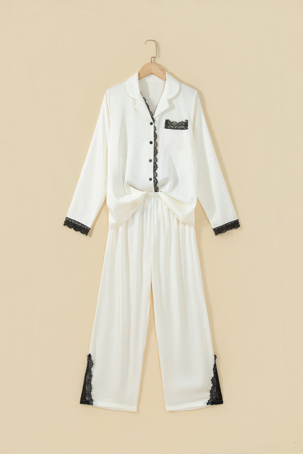 White Long Sleeve Lace Trim Button Front 2pcs Pajama Set 🇺🇸