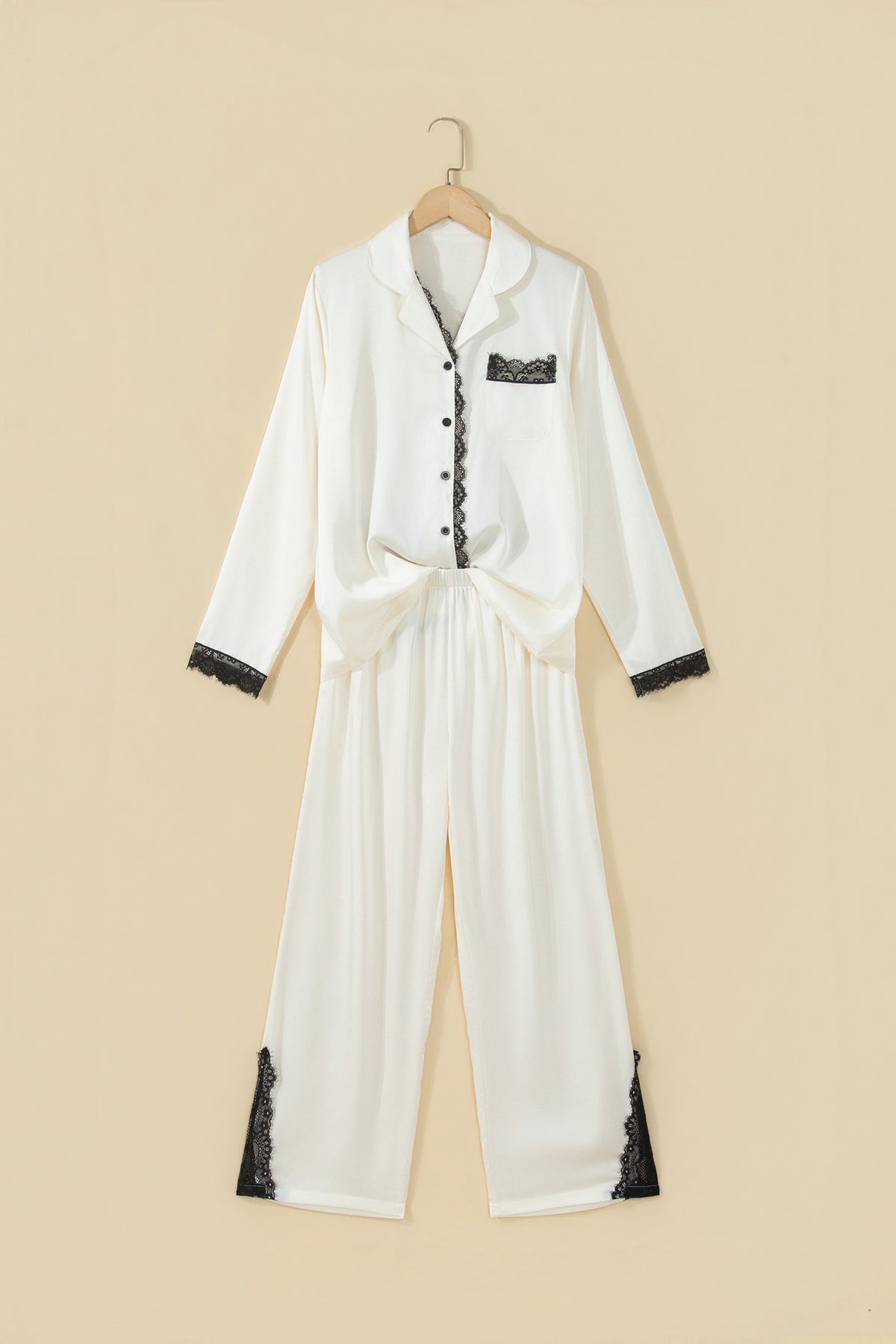 White Long Sleeve Lace Trim Button Front 2pcs Pajama Set 🇺🇸
