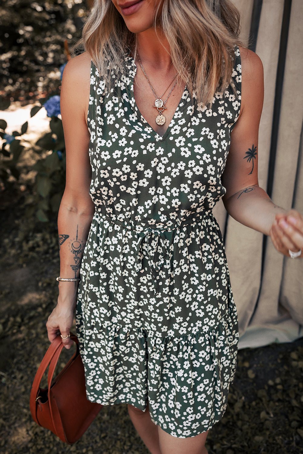 Green Boho Floral Print V Neck Tunic Sleeveless Dress 🇨🇳