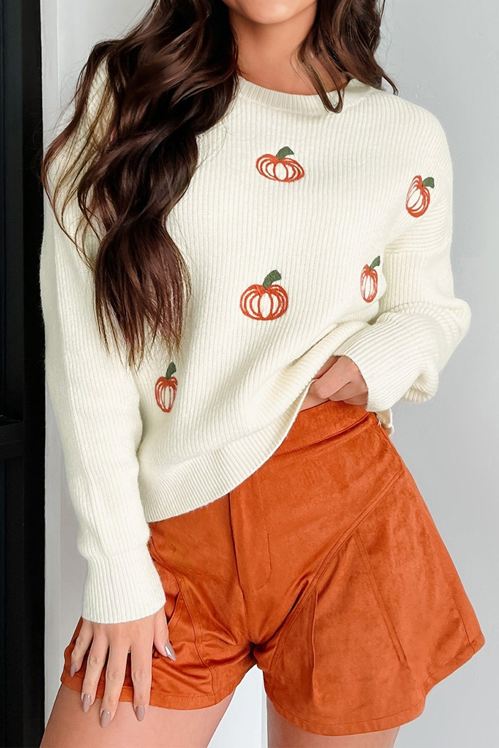 Beige Pumpkin Embroidered Ribbed Thanksgiving Halloween Holiday Sweater 🇺🇸